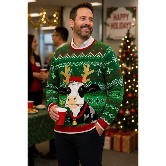 Ugly Christmas Sweater Other - Holiday Time XL Ugly Christmas Sweater Cow Reindeer Bells Green Red Unisex Xmas